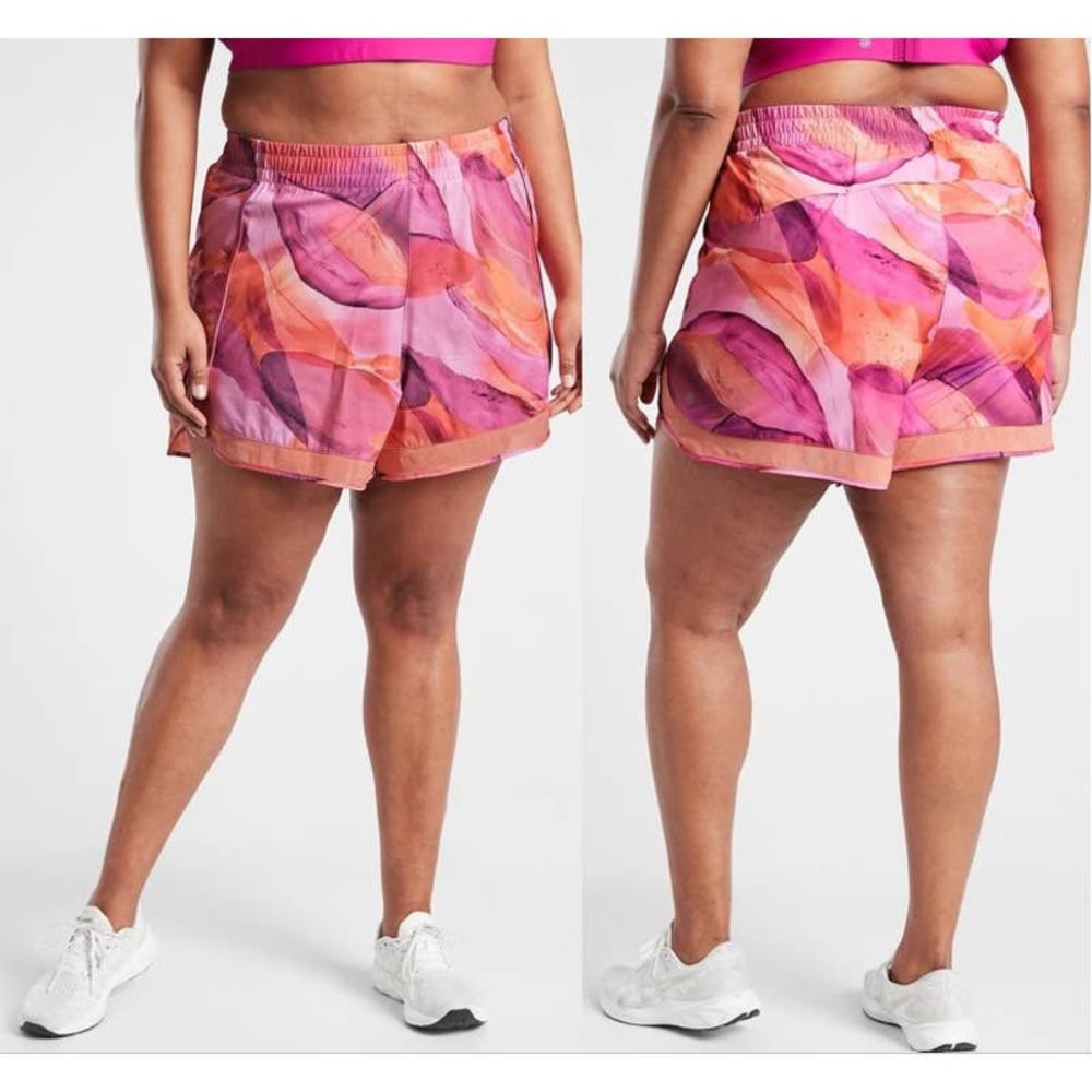 ATHLETA Mesh Racer Run Shorts 4” Pink Orange Watercolor Abstract‎ Women's 2X